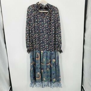Code X Mode Womens M Chiffon Mixed Floral Print Loose Fit Maxi Peasant Dress NWT